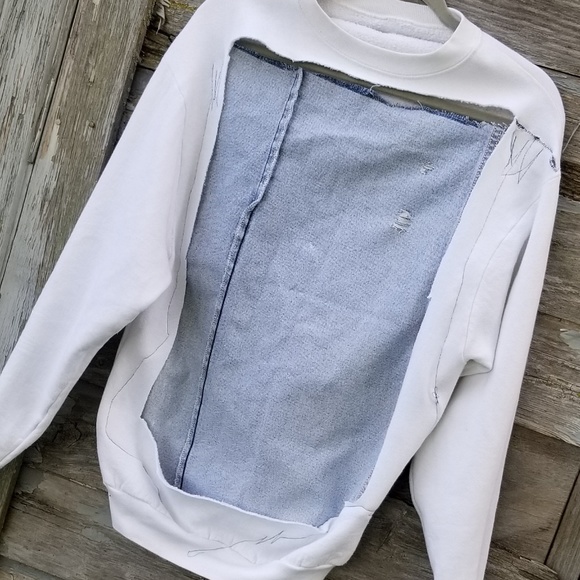 Destroyed Jean Patchwork Upcycled Sweatshirt - Picture 8 of 8